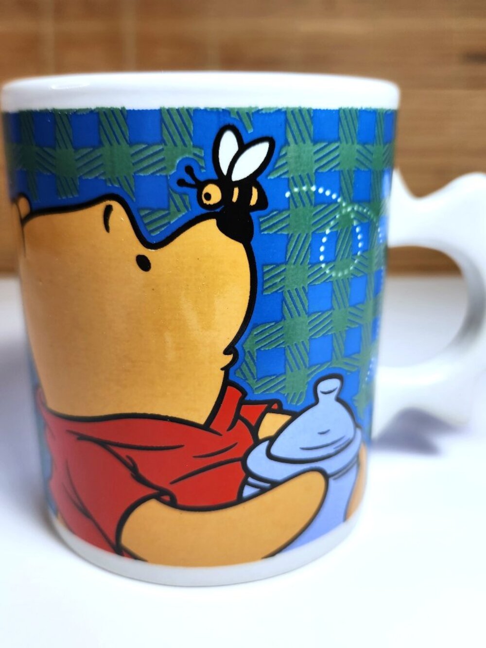 Vintage Winnie the Pooh Mug Bee Handle Plaid Blue Green Disney Store 90s Ceramic